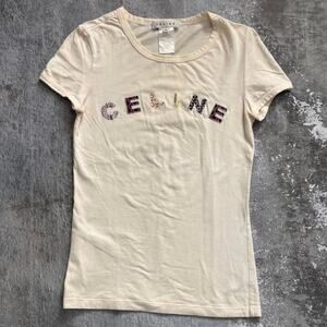 Celine White Logo Baby Tee. Size Small